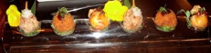 Tatsuta, marinated chicken wings, Wagyu Croquette, "Japanese Meat Balls" with Katsu sauce, & Kinchaku "Miso marinated cheese with sweet red crab